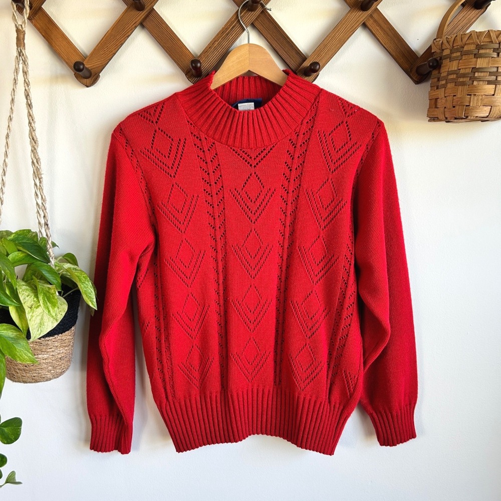 Lord Isaacs Vintage Red Pointelle Diamond Knit Mock Neck Sweater Petite Medium